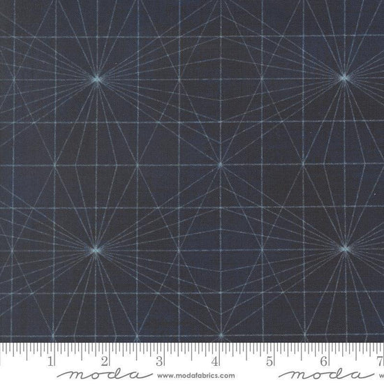 Image of Data String Theory Hawking quilting cotton fabric by Janet Clare for Moda Fabrics. Features a geometric pattern on a blue background. Cute Little Fabric Shop.