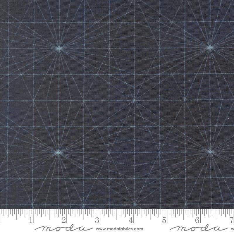 Image of Data String Theory Hawking quilting cotton fabric by Janet Clare for Moda Fabrics. Features a geometric pattern on a blue background. Cute Little Fabric Shop.