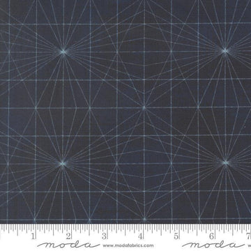 Image of Data String Theory Hawking quilting cotton fabric by Janet Clare for Moda Fabrics. Features a geometric pattern on a blue background. Cute Little Fabric Shop.