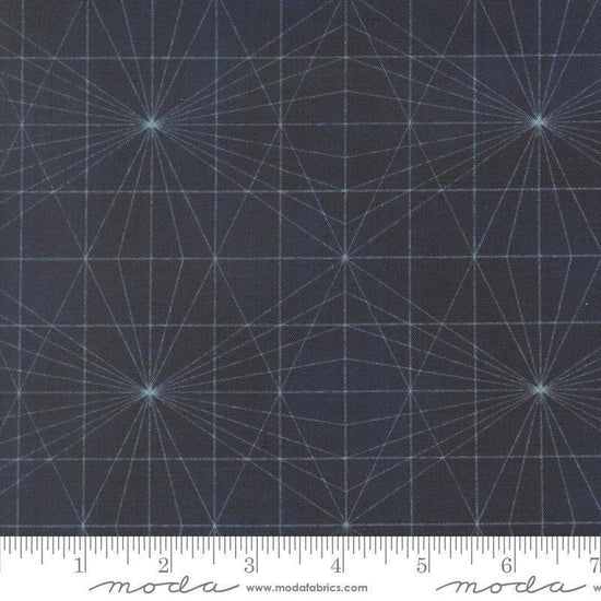 Image of Data String Theory Hawking quilting cotton fabric by Janet Clare for Moda Fabrics. Features a geometric pattern on a blue background. Cute Little Fabric Shop.