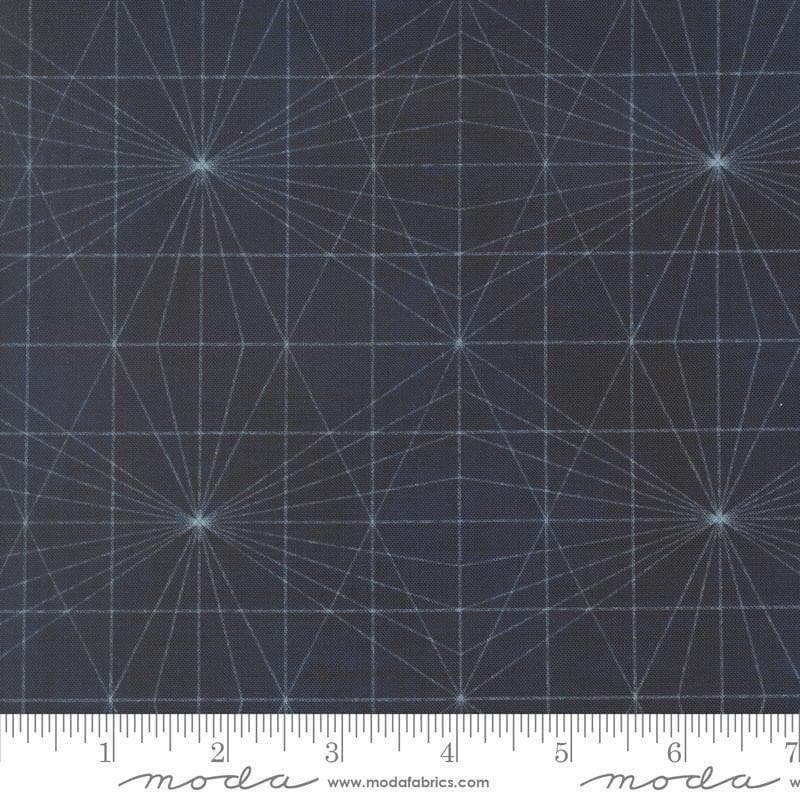 Image of Data String Theory Hawking quilting cotton fabric by Janet Clare for Moda Fabrics. Features a geometric pattern on a blue background. Cute Little Fabric Shop.