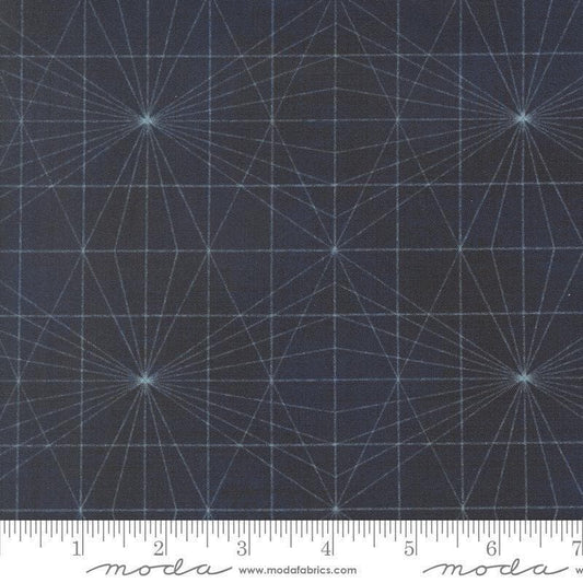Image of Data String Theory Hawking quilting cotton fabric by Janet Clare for Moda Fabrics. Features a geometric pattern on a blue background. Cute Little Fabric Shop.