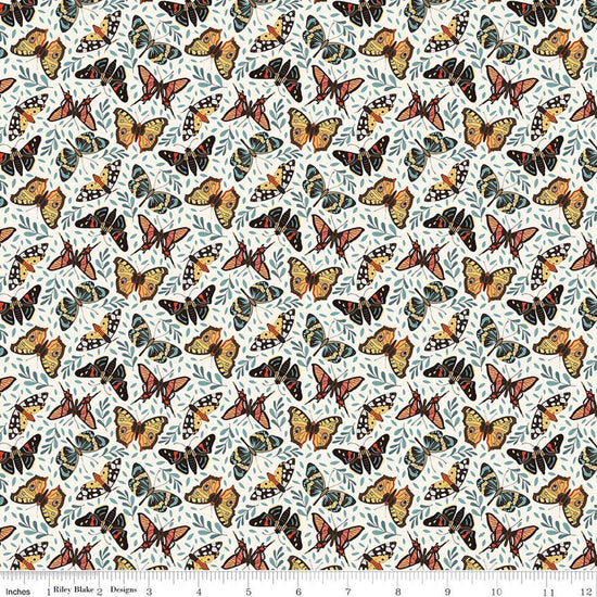 Image of Secret Garden Moths Cloud quilting cotton fabric by Amanda Castor for Riley Blake Designs. Features bugs on a white background. Cute Little Fabric Shop.