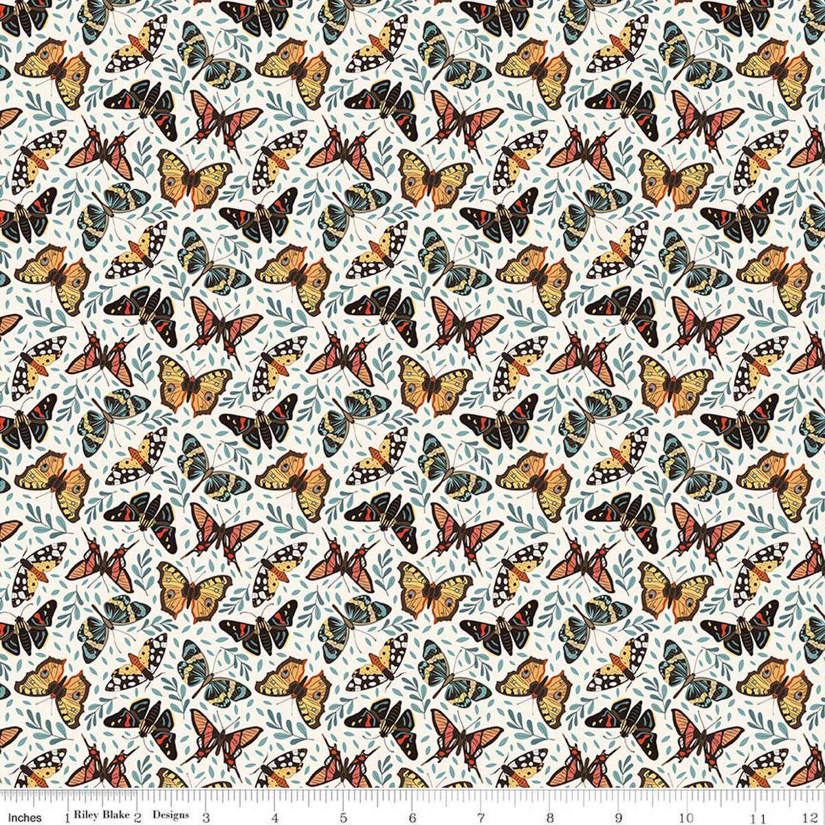 Image of Secret Garden Moths Cloud quilting cotton fabric by Amanda Castor for Riley Blake Designs. Features bugs on a white background. Cute Little Fabric Shop.