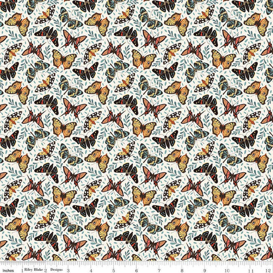 Image of Secret Garden Moths Cloud quilting cotton fabric by Amanda Castor for Riley Blake Designs. Features bugs on a white background. Cute Little Fabric Shop.