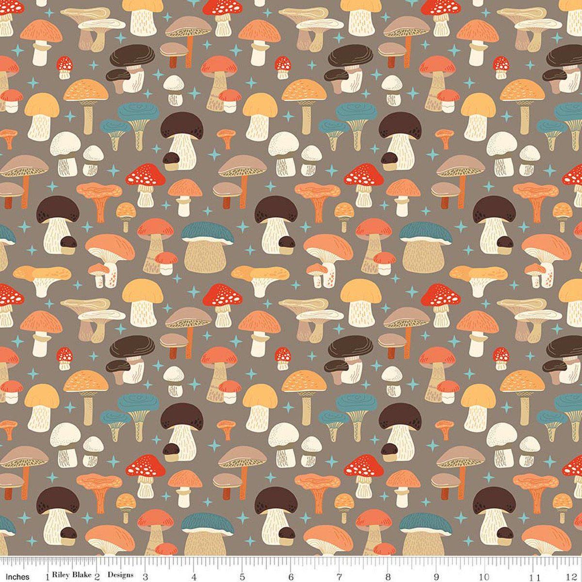 Image of Secret Garden Mushrooms Chestnut quilting cotton fabric by Amanda Castor for Riley Blake Designs. Features mushrooms on a gray background. Cute Little Fabric Shop.