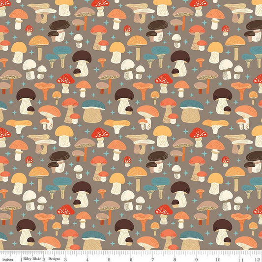 Image of Secret Garden Mushrooms Chestnut quilting cotton fabric by Amanda Castor for Riley Blake Designs. Features mushrooms on a gray background. Cute Little Fabric Shop.
