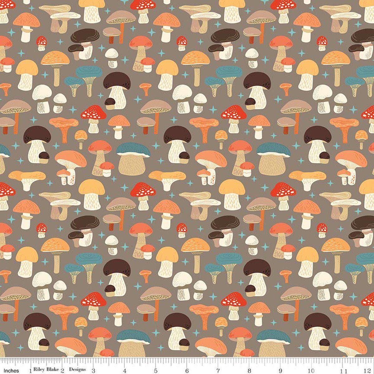 Image of Secret Garden Mushrooms Chestnut quilting cotton fabric by Amanda Castor for Riley Blake Designs. Features mushrooms on a gray background. Cute Little Fabric Shop.