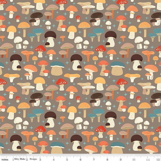 Image of Secret Garden Mushrooms Chestnut quilting cotton fabric by Amanda Castor for Riley Blake Designs. Features mushrooms on a gray background. Cute Little Fabric Shop.