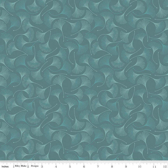 Image of Secret Garden Ginkgos Teal quilting cotton fabric by Amanda Castor for Riley Blake Designs. Features leaves on a blue background. Cute Little Fabric Shop.