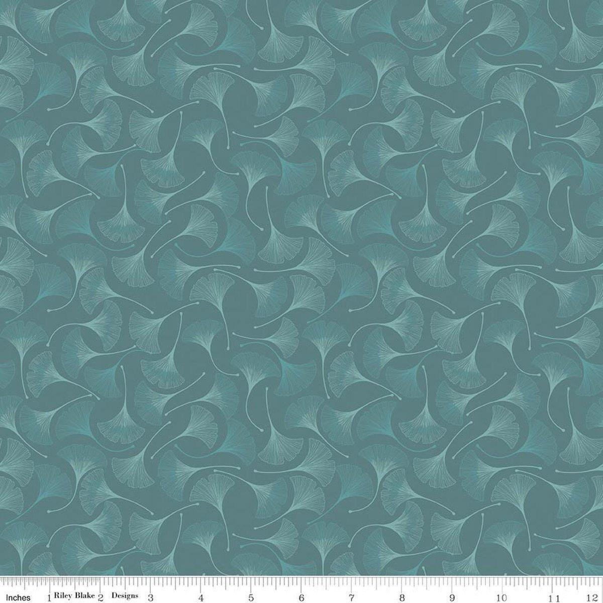 Image of Secret Garden Ginkgos Teal quilting cotton fabric by Amanda Castor for Riley Blake Designs. Features leaves on a blue background. Cute Little Fabric Shop.