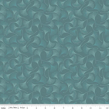 Image of Secret Garden Ginkgos Teal quilting cotton fabric by Amanda Castor for Riley Blake Designs. Features leaves on a blue background. Cute Little Fabric Shop.