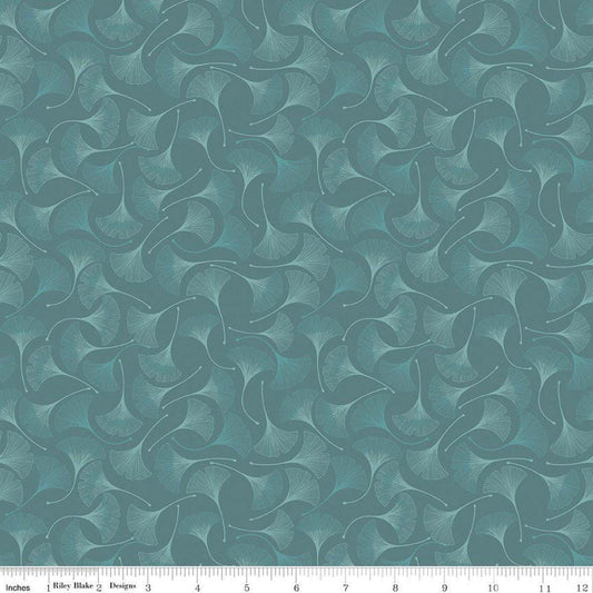 Image of Secret Garden Ginkgos Teal quilting cotton fabric by Amanda Castor for Riley Blake Designs. Features leaves on a blue background. Cute Little Fabric Shop.