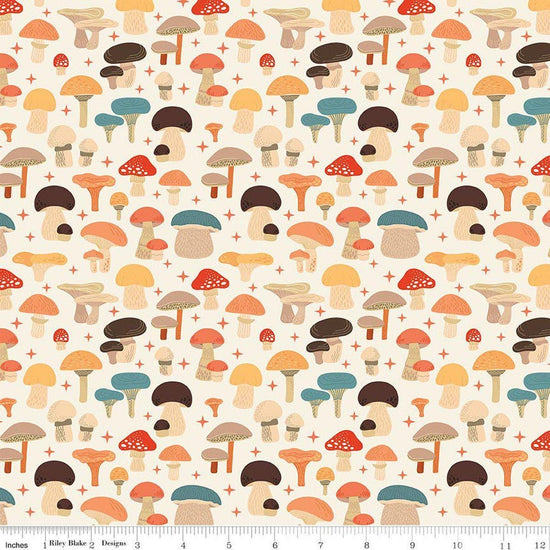 Image of Secret Garden Mushrooms Cloud quilting cotton fabric by Amanda Castor for Riley Blake Designs. Features mushrooms on a white background. Cute Little Fabric Shop.