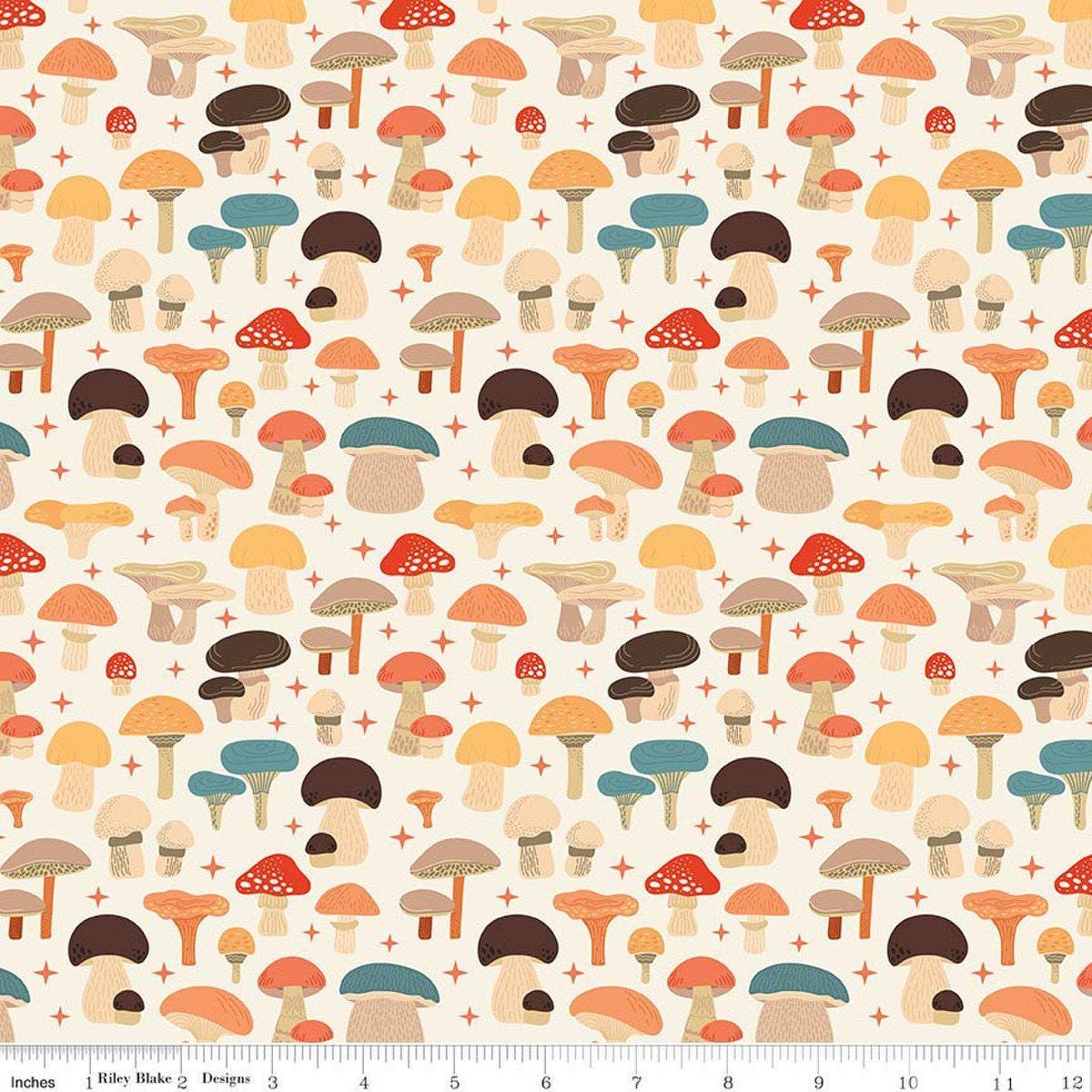 Image of Secret Garden Mushrooms Cloud quilting cotton fabric by Amanda Castor for Riley Blake Designs. Features mushrooms on a white background. Cute Little Fabric Shop.