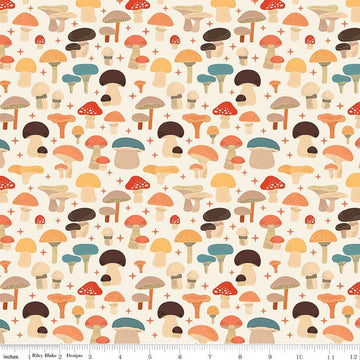 Image of Secret Garden Mushrooms Cloud quilting cotton fabric by Amanda Castor for Riley Blake Designs. Features mushrooms on a white background. Cute Little Fabric Shop.