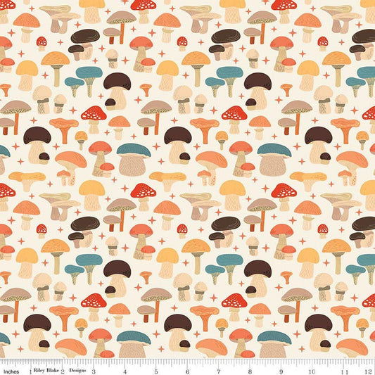 Image of Secret Garden Mushrooms Cloud quilting cotton fabric by Amanda Castor for Riley Blake Designs. Features mushrooms on a white background. Cute Little Fabric Shop.