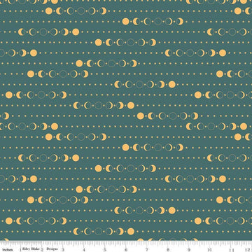 Image of Secret Garden Moon Phases Teal quilting cotton fabric by Amanda Castor for Riley Blake Designs. Features moons on a blue background. Cute Little Fabric Shop.