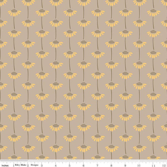 Image of Secret Garden Sunflowers Beach quilting cotton fabric by Amanda Castor for Riley Blake Designs. Features flowers on a gray background. Cute Little Fabric Shop.