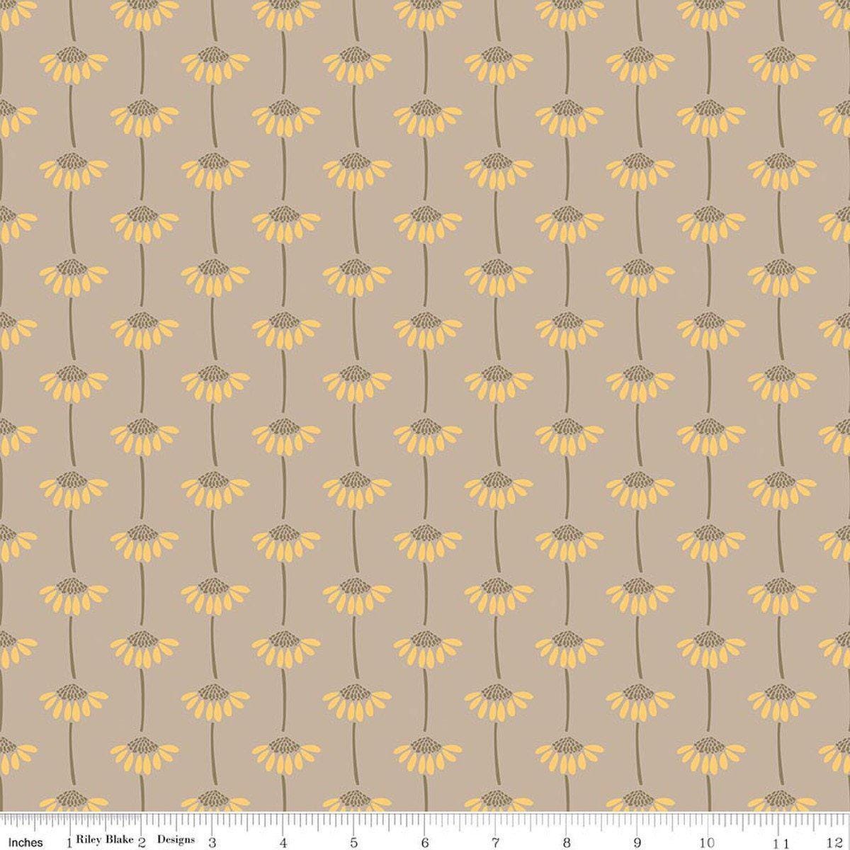 Image of Secret Garden Sunflowers Beach quilting cotton fabric by Amanda Castor for Riley Blake Designs. Features flowers on a gray background. Cute Little Fabric Shop.
