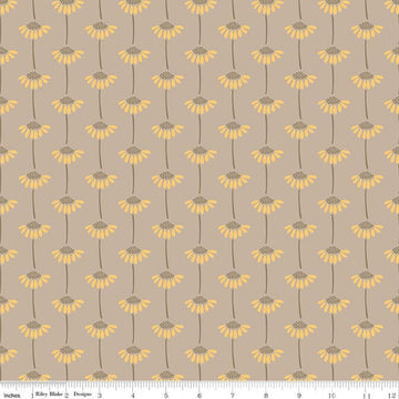 Image of Secret Garden Sunflowers Beach quilting cotton fabric by Amanda Castor for Riley Blake Designs. Features flowers on a gray background. Cute Little Fabric Shop.