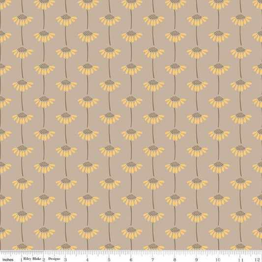 Image of Secret Garden Sunflowers Beach quilting cotton fabric by Amanda Castor for Riley Blake Designs. Features flowers on a gray background. Cute Little Fabric Shop.