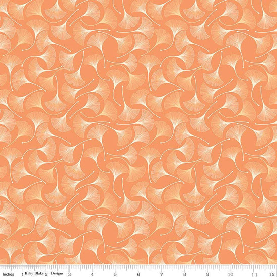 Image of Secret Garden Ginkgos Marmalade quilting cotton fabric by Amanda Castor for Riley Blake Designs. Features leaves on an orange background. Cute Little Fabric Shop.