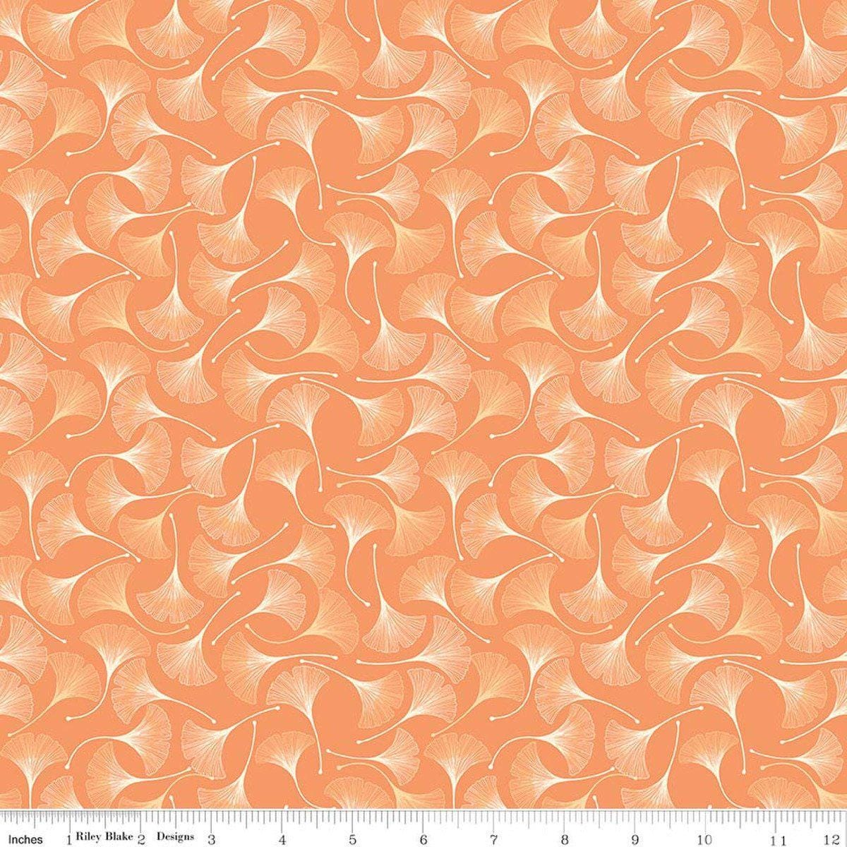 Image of Secret Garden Ginkgos Marmalade quilting cotton fabric by Amanda Castor for Riley Blake Designs. Features leaves on an orange background. Cute Little Fabric Shop.