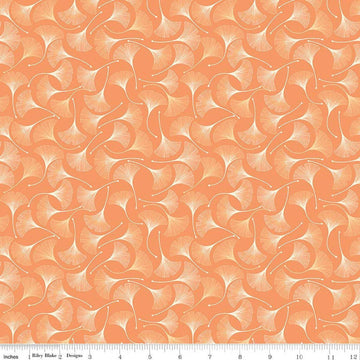 Image of Secret Garden Ginkgos Marmalade quilting cotton fabric by Amanda Castor for Riley Blake Designs. Features leaves on an orange background. Cute Little Fabric Shop.