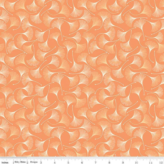 Image of Secret Garden Ginkgos Marmalade quilting cotton fabric by Amanda Castor for Riley Blake Designs. Features leaves on an orange background. Cute Little Fabric Shop.
