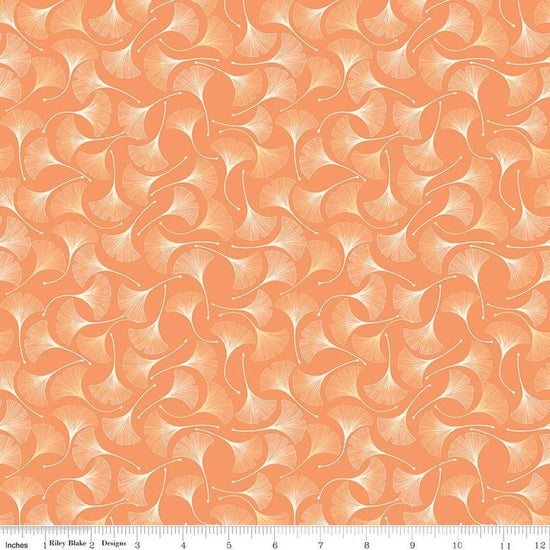 Image of Secret Garden Ginkgos Marmalade quilting cotton fabric by Amanda Castor for Riley Blake Designs. Features leaves on an orange background. Cute Little Fabric Shop.