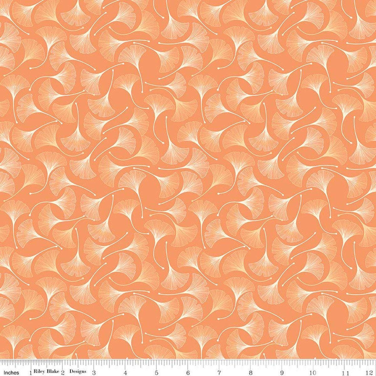 Image of Secret Garden Ginkgos Marmalade quilting cotton fabric by Amanda Castor for Riley Blake Designs. Features leaves on an orange background. Cute Little Fabric Shop.