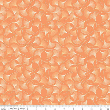 Image of Secret Garden Ginkgos Marmalade quilting cotton fabric by Amanda Castor for Riley Blake Designs. Features leaves on an orange background. Cute Little Fabric Shop.