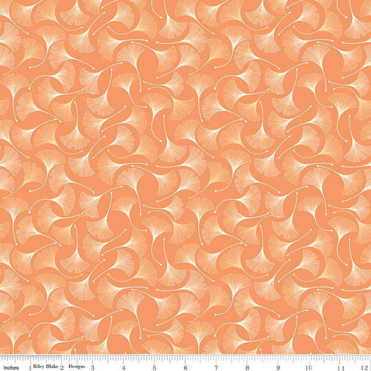 Image of Secret Garden Ginkgos Marmalade quilting cotton fabric by Amanda Castor for Riley Blake Designs. Features leaves on an orange background. Cute Little Fabric Shop.
