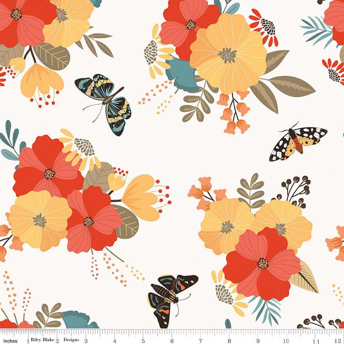 Image of Secret Garden Main Cloud quilting cotton fabric by Amanda Castor for Riley Blake Designs. Features flowers on a white background. Cute Little Fabric Shop.