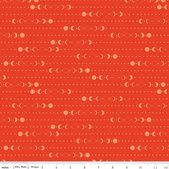 Image of Secret Garden Moon Phases Geranium quilting cotton fabric by Amanda Castor for Riley Blake Designs. Features moons on an orange background. Cute Little Fabric Shop.