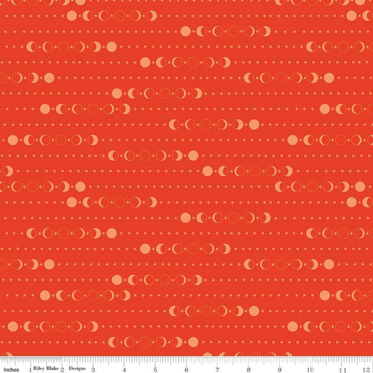 Image of Secret Garden Moon Phases Geranium quilting cotton fabric by Amanda Castor for Riley Blake Designs. Features moons on an orange background. Cute Little Fabric Shop.