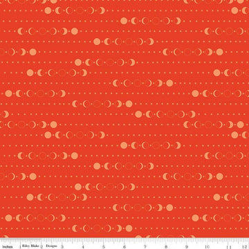 Image of Secret Garden Moon Phases Geranium quilting cotton fabric by Amanda Castor for Riley Blake Designs. Features moons on an orange background. Cute Little Fabric Shop.
