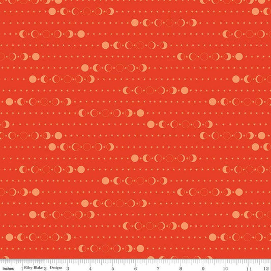 Image of Secret Garden Moon Phases Geranium quilting cotton fabric by Amanda Castor for Riley Blake Designs. Features moons on an orange background. Cute Little Fabric Shop.