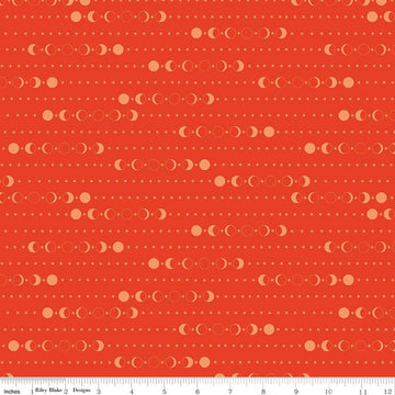 Image of Secret Garden Moon Phases Geranium quilting cotton fabric by Amanda Castor for Riley Blake Designs. Features moons on an orange background. Cute Little Fabric Shop.