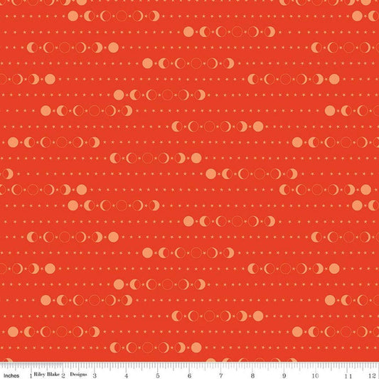 Image of Secret Garden Moon Phases Geranium quilting cotton fabric by Amanda Castor for Riley Blake Designs. Features moons on an orange background. Cute Little Fabric Shop.