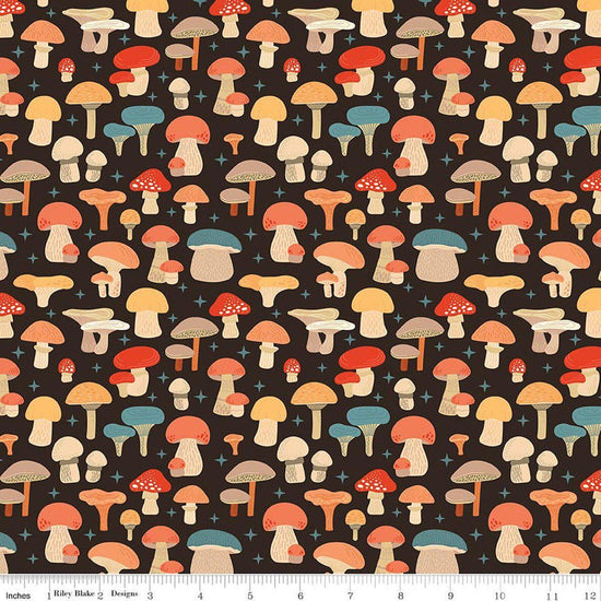 Image of Secret Garden Mushrooms Black quilting cotton fabric by Amanda Castor for Riley Blake Designs. Features mushrooms on a black background. Cute Little Fabric Shop.