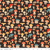 Image of Secret Garden Mushrooms Black quilting cotton fabric by Amanda Castor for Riley Blake Designs. Features mushrooms on a black background. Cute Little Fabric Shop.