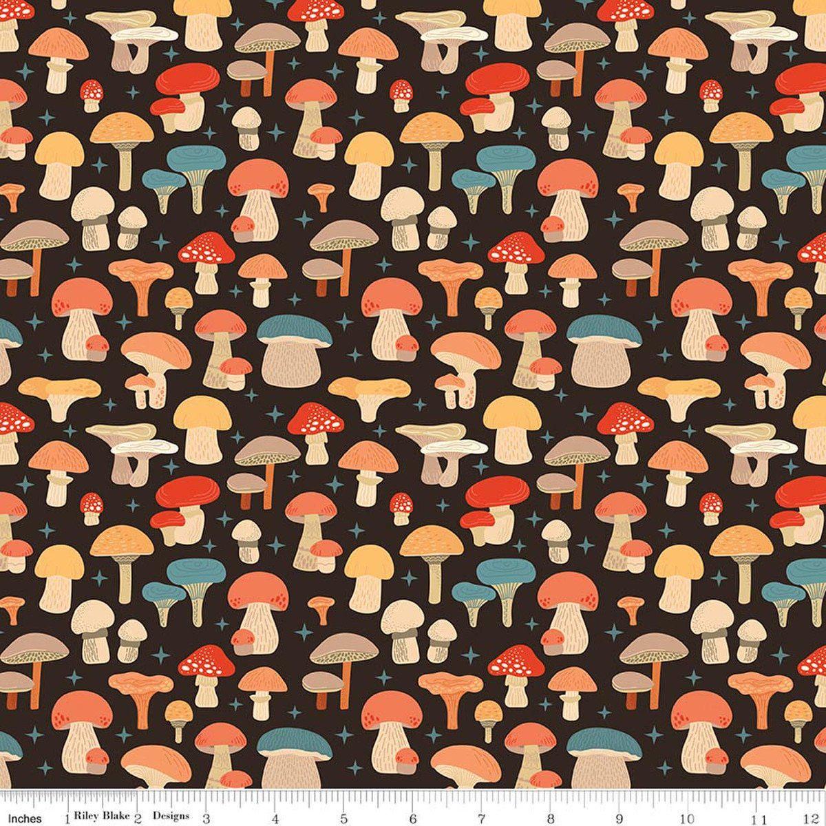 Image of Secret Garden Mushrooms Black quilting cotton fabric by Amanda Castor for Riley Blake Designs. Features mushrooms on a black background. Cute Little Fabric Shop.