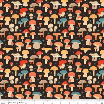Image of Secret Garden Mushrooms Black quilting cotton fabric by Amanda Castor for Riley Blake Designs. Features mushrooms on a black background. Cute Little Fabric Shop.