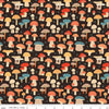 Image of Secret Garden Mushrooms Black quilting cotton fabric by Amanda Castor for Riley Blake Designs. Features mushrooms on a black background. Cute Little Fabric Shop.