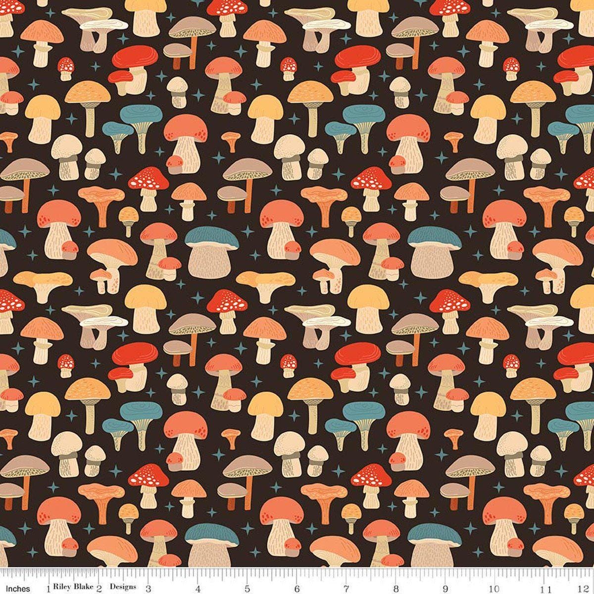 Image of Secret Garden Mushrooms Black quilting cotton fabric by Amanda Castor for Riley Blake Designs. Features mushrooms on a black background. Cute Little Fabric Shop.