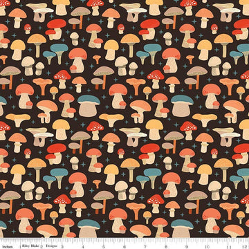 Image of Secret Garden Mushrooms Black quilting cotton fabric by Amanda Castor for Riley Blake Designs. Features mushrooms on a black background. Cute Little Fabric Shop.