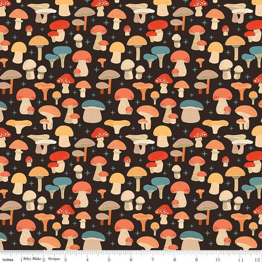 Image of Secret Garden Mushrooms Black quilting cotton fabric by Amanda Castor for Riley Blake Designs. Features mushrooms on a black background. Cute Little Fabric Shop.