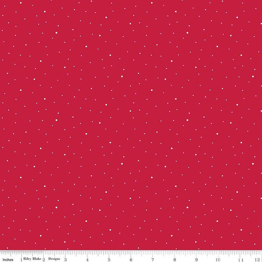 Image of Dapple Dot Jazzberry quilting cotton fabric by The RBD Designers for Riley Blake Designs. Features polka dots on a red background. Cute Little Fabric Shop.